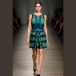 Laundry By Shelli Segal Silk Blue and Green Patterned Dress US 12